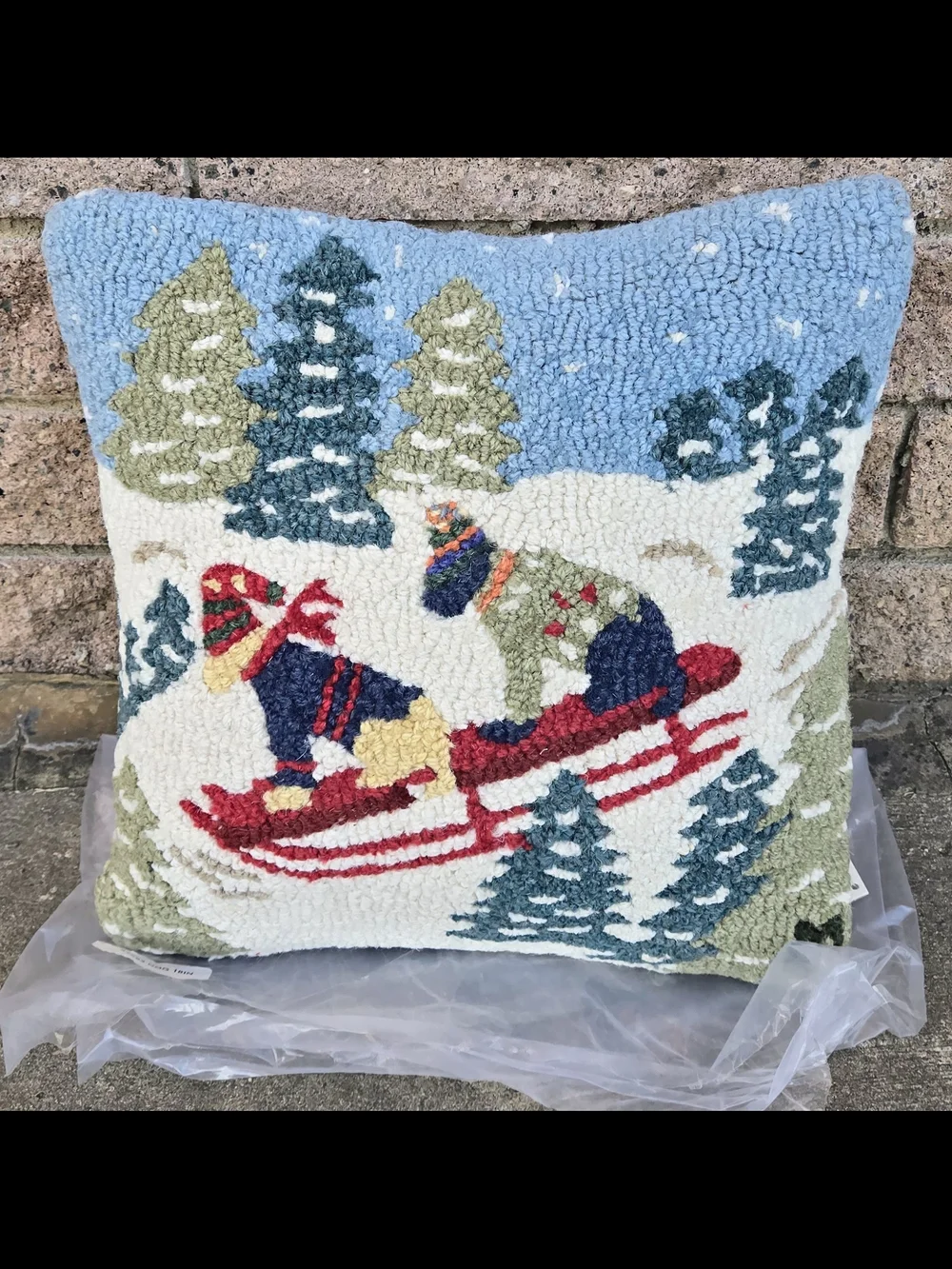 Garnet Hill Chandler 4 Corners Hooked Wool Sledding Pillow – Blue, Red, Green